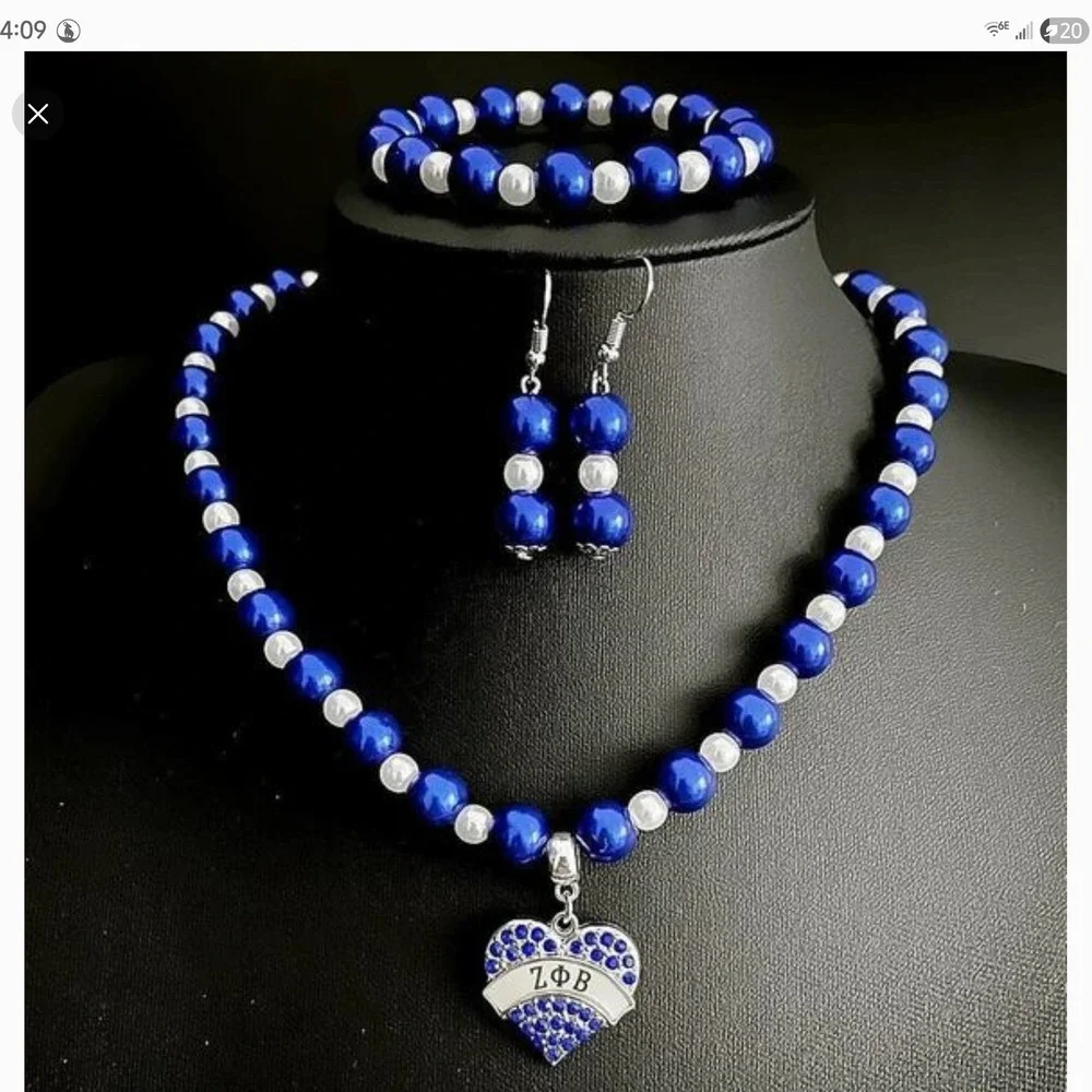 Zeta Phi Beta Jewelry Set Blue and white Necklace, Bracelet and‎ Earrings